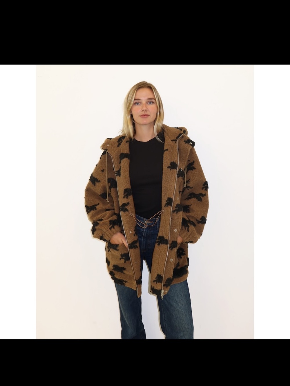 Sold out Brunette The Label Brown Sherpa Hooded Jacket with Black Print